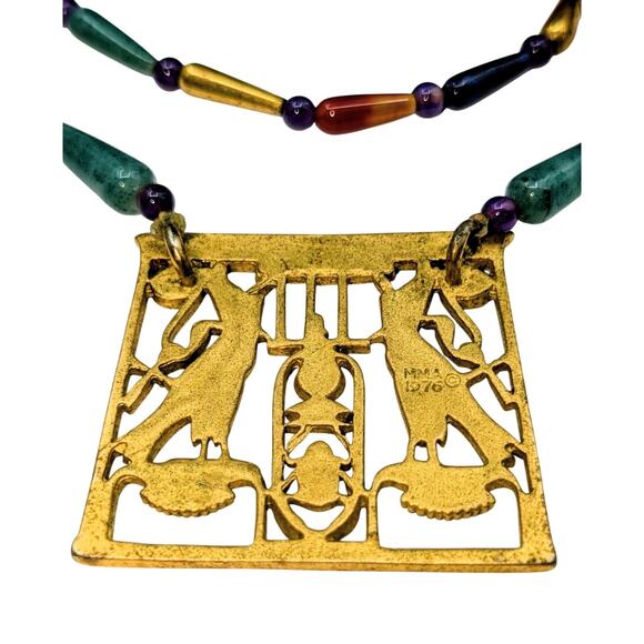 Vintage MMA 1976 Egyptian Scarab Falcon Gold Tone Pectoral Stone Bead Necklace - Picture 5 of 7